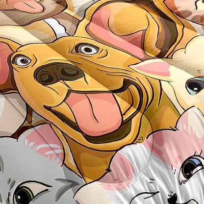 Dogs Bedding Set Queen Size 3Pcs - Cute Cartoon Dog Animal Print Comforter Set for Kids Boys Lightweight Soft Puppy Comforter with 2 Pillowcases All-Season Boys Teens Bedroom Dorm Bedding Decor
