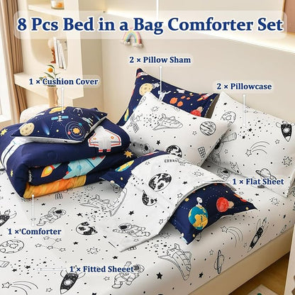 Spaceship Comforter Set Full Size, 8 Piece Bed in a Bag Rocket Space Bedding Sets for Boys Girls Kids