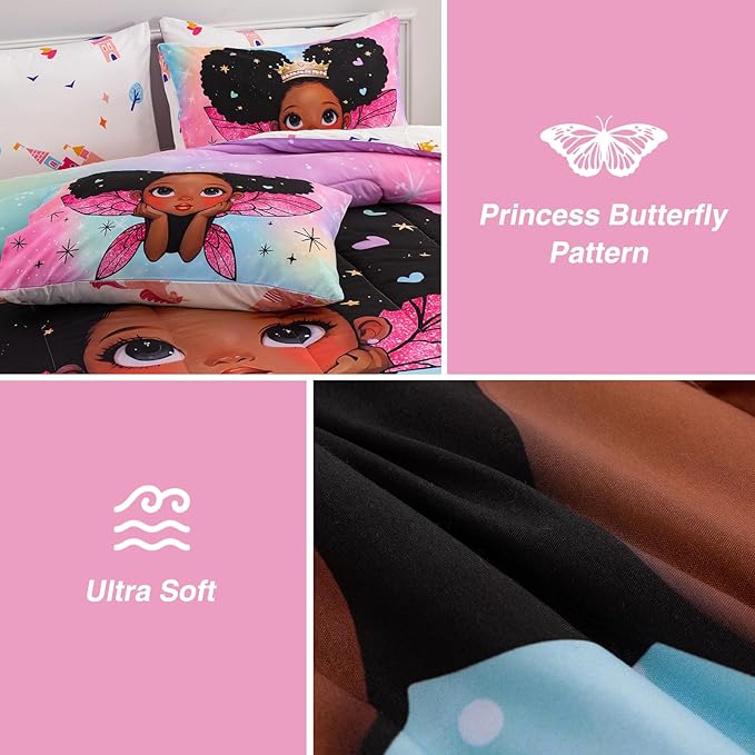 A Nice Night Black Girl Princess with Wings Comforter Set,Pink Gradient Glitter Rainbow Galaxy 6pcs Kids Bedding Set,Twin