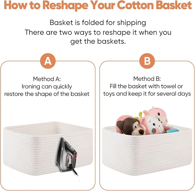 OIAHOMY 4 Pack 14.17*11.02*6.3IN Storage Baskets for Organizing Shelves, Woven Rope Baskets for Organizing Books, Clothes, Decorative Basket for Living Room, Nursery, Bedroom, Gift Basket, White