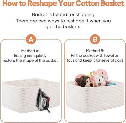OIAHOMY 4 Pack 14.17*11.02*6.3IN Storage Baskets for Organizing Shelves, Woven Rope Baskets for Organizing Books, Clothes, Decorative Basket for Living Room, Nursery, Bedroom, Gift Basket, White