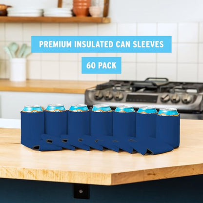 Blank Beer Can Cooler Sleeves (60-Pack) Soft Insulated Beer Can Coolies - HTV Friendly Blank Koolies in Bulk for Beer Cans & Bottles - Coolie Blanks for Vinyl Projects & Wedding Favors (Royal Blue)