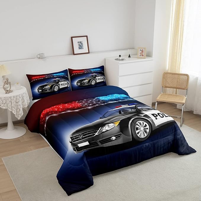 Erosebridal Police Car Comforter Sets Twin Size,Policeman Vehicle Bedding Set for Kids Boys Children,Red Blue Cop Lights Down Comforter Geometric Graphics Duvet Sets Bedroom Decor with 1 Pillow Case