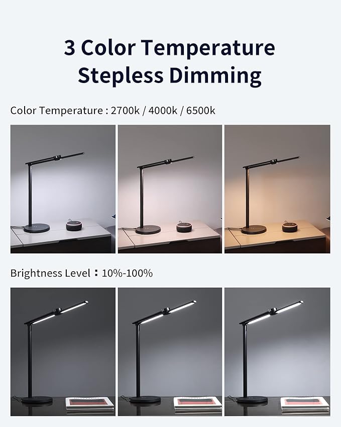 EZVALO Smart Desk Lamp with APP Control,Eye-Caring Auto-Dimming Led Desk Lamp,3 Color Temperature, Works with Alexa&Google Assistant, Study Lamp with Clock, Desk Lamps for Home Office Reading,Studying
