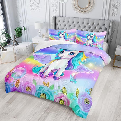 Kid Unicorn Comforter Set Full Size 3Pcs Butterfly Rainbow Flower Star Pattern Quilt Bedding Set for Boys Girls with 1 Comforter and 2 Pillowcases