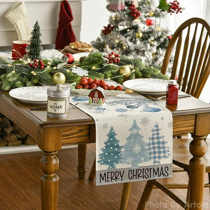 Artoid Mode Blue Pine Trees Merry Christmas Table Runner, Winter Xmas Holiday Kitchen Dining Table Decoration for Home Party Decor 13x60 Inch