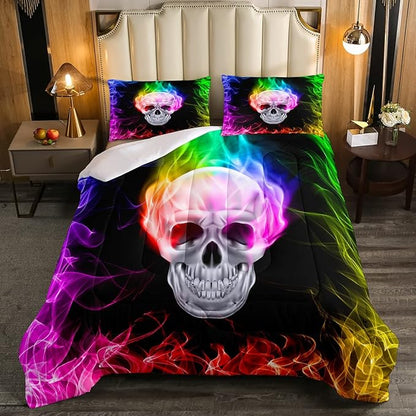 Erosebridal Skull Comforter Set, Skeleton Bones Bedding Set Full Size Halloween Horror Gold Flame Duvet Sets for Kids Teens Adult Bedroom Decor, Gothic Spooky Bedding Comforters, Warmth Soft
