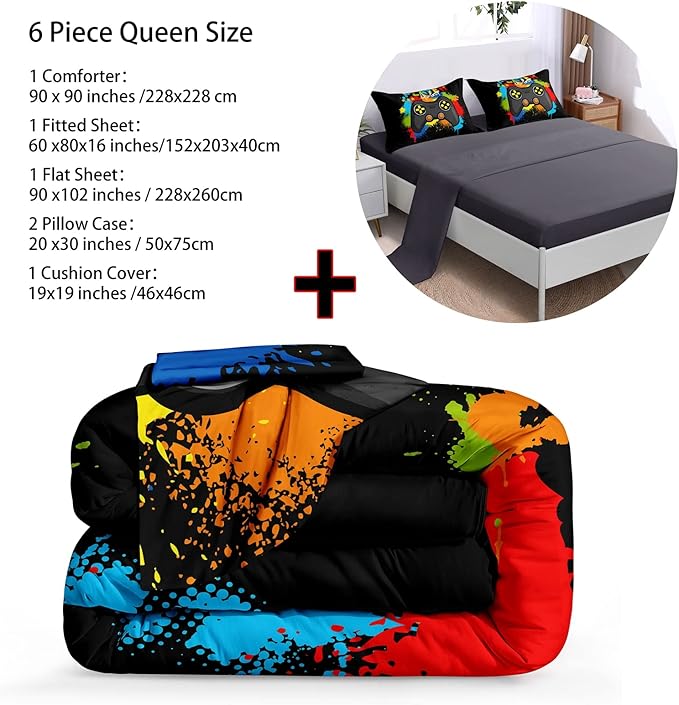 6 Pieces Gamer Comforter Set for Boys Gaming Bedding Set Queen Size,Video Game Controller Comforter for Kids Adult 3D Gamepad Microfiber Bedding Sets 6 Pieces Bed in A Bag Sets30019,Queen