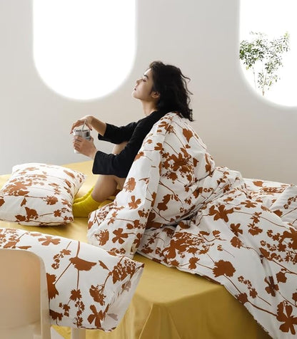 Botanical Comforter Set Full White and Pumpkin Floral Plant Bedding Comforter Set Girls Garden Pattern Printed on White Blanket Rustic Leaf Blossom Women White Farmhouse Comforter Full