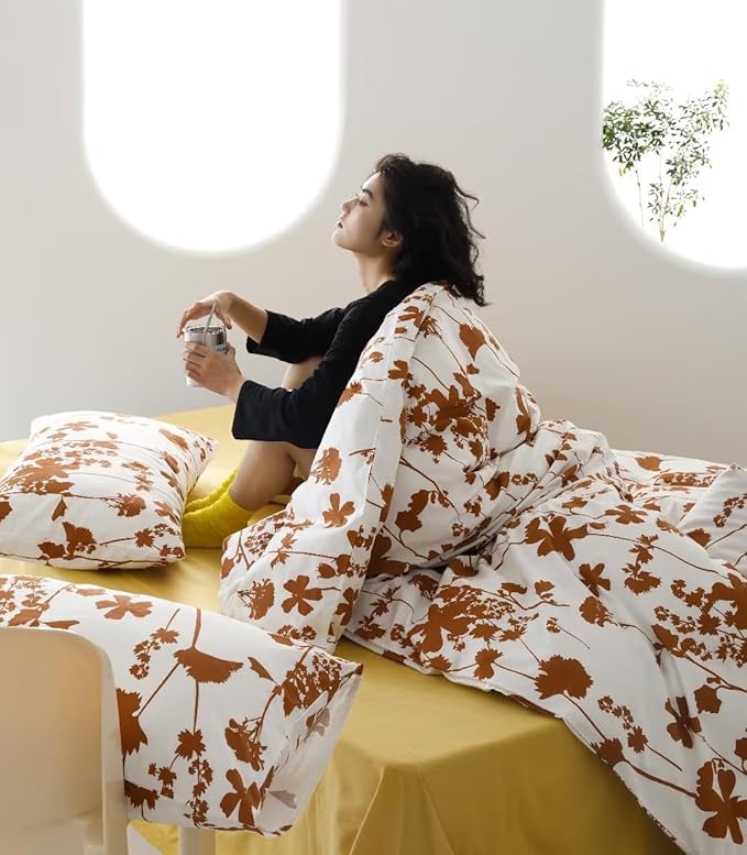 Botanical Comforter Set King White and Pumpkin Floral Plant Bedding Comforter Set Girls Garden Pattern Printed on White Blanket Rustic Leaf Blossom Women White Farmhouse Comforter King