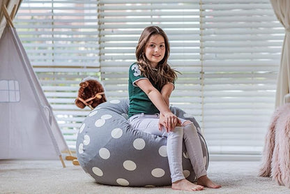 Wekapo Stuffed Animal Storage Bean Bag Chair Cover for Kids | Stuffable Zipper Beanbag for Organizing Children Plush Toys Large Premium Cotton Canvas (Gray Dot, X-Large)
