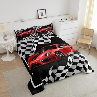Red Race Car Comforter Set King Size,Black White Plaid Dynamic Bedding Set 3pcs for Kids Children Boys Teens Room Decor,Extreme Sport Racing Quilt Set,Soft Stylish Duvet Insert with 2 Pillowcases
