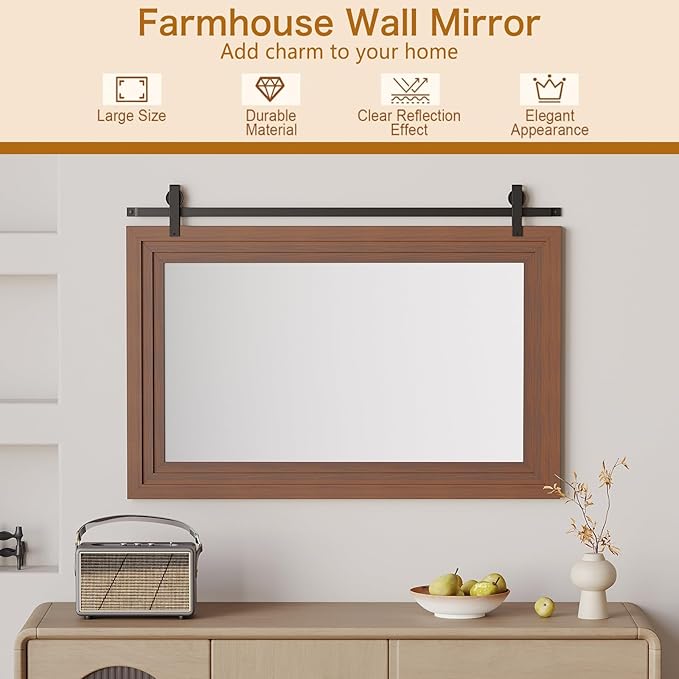 ALBAD Farmhouse Wood Framed Wall Mirror, Natural Wood and Framed Wall Mounted Bathroom Vanity Mirror for Farmhouse Decor, Vertical or Horizontal Hanging