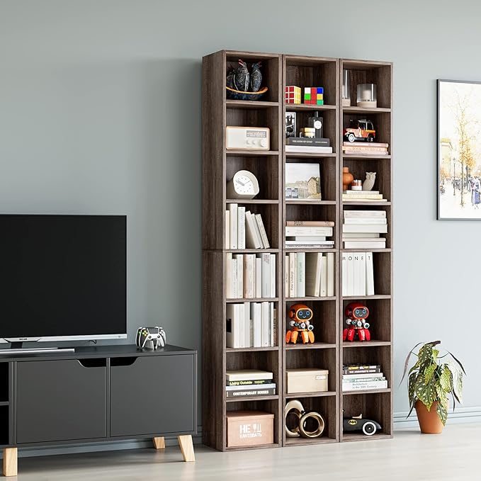 FOTOSOK 8-Tier Media Tower Rack, 11.6 X 9.3 X 70.9 Inches CD DVD Slim Storage Cabinet with Adjustable Shelves, Tall Narrow Bookcase Display Bookshelf for Home Office, Oak
