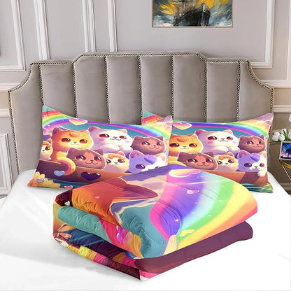 Kids Cat Comforter Set - Cat Bedding Set Full Size Cat Comforter Cartoon Cat Rainbow Printed Bedding Sets for Kids Girls Kawaii Cat Quilt Set, 1 Comforter+2 Pillowcases