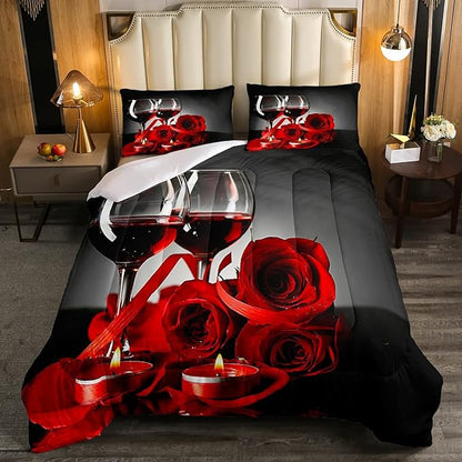 Erosebridal Rose Wine Glass Comforter Set for Girls Red Black Rose Bedding Set Full Size Floral Blossom Quilt Set Banquet Flower Romantic Valentine's Day Duvet Set, Women Men Adult Grey Comforter Set