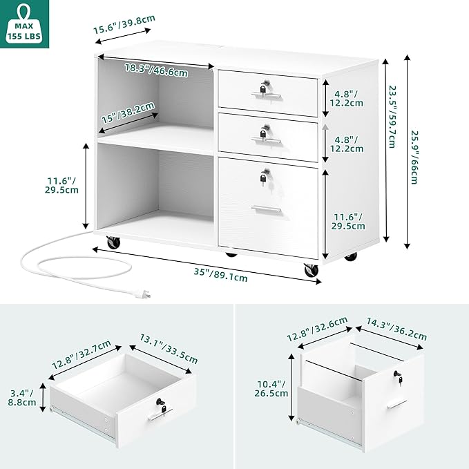 YITAHOME File Cabinet with Lock, 3 Drawer Filing Cabinet with Charging Station, Printer Stand with Storage, Office Pedestal Files for Hanging Files Letter/Legal/A4, White