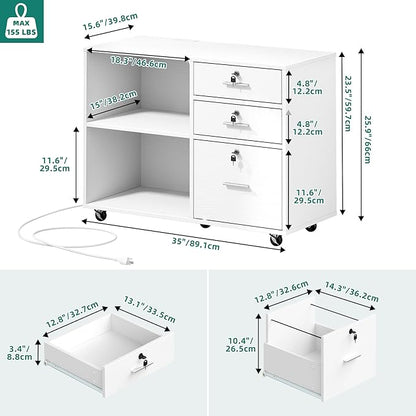 YITAHOME File Cabinet with Lock, 3 Drawer Filing Cabinet with Charging Station, Printer Stand with Storage, Office Pedestal Files for Hanging Files Letter/Legal/A4, White