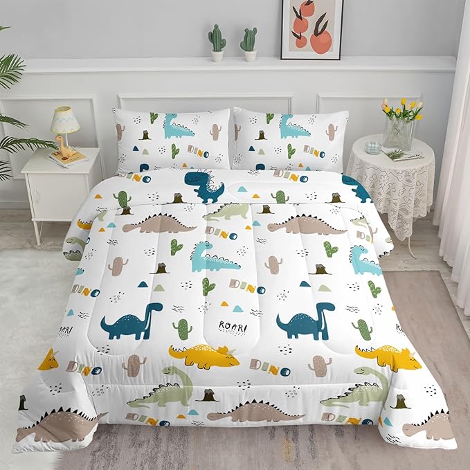 Datura home Dinosaur Comforter Set White Kawaii Dinosaur Printed Quilt Bedding Set with 1 Comforter and 2 Pillowcases for Boys and Girls Bedroom All Season(White Dinosaur Twin)