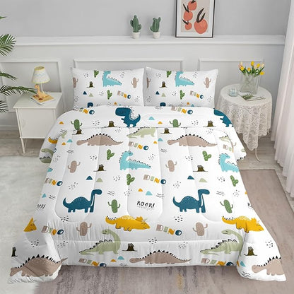 Datura home Dinosaur Comforter Set White Kawaii Dinosaur Printed Quilt Bedding Set with 1 Comforter and 2 Pillowcases for Boys and Girls Bedroom All Season(White Dinosaur Full)