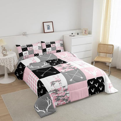 Deer Antlers Comforter Set Queen Size,Camo Western Rustic Farmhouse Xmas Bedding 3pcs for Kids Teens Boys Girls Room Decor,Boho Arrows Geometric Plaids Down Comforter,Pink Duvet Insert,2 Pillowcases