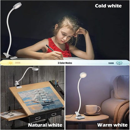 Desk lamp, LED Reading Light, Dimmable Clamp Lamp for Bed Headboard, Bedroom, Office, 3 Modes & 9 Dimming Levels, Flexible Clip Desk Lamp