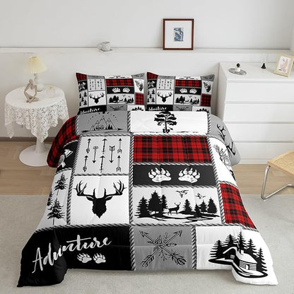 Deer Antlers Comforter Set Full Size,Bear Paws Pine Trees Xmas Bedding Set for Kids Boys Girls Adults Room Decor,Lattices Patchwork Rustic Farmhouse Down Comforter,Red Duvet Insert,2 Pillowcases