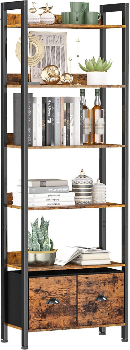 Furologee 6-Tier Bookshelf, Tall 71" Rustic Bookcase with 2 Drawers Storage Organizer, Industrial Display Free Standing Shelf Units, Wood and Metal Storage Rack for Home Office, Bedroom, Rustic Brown