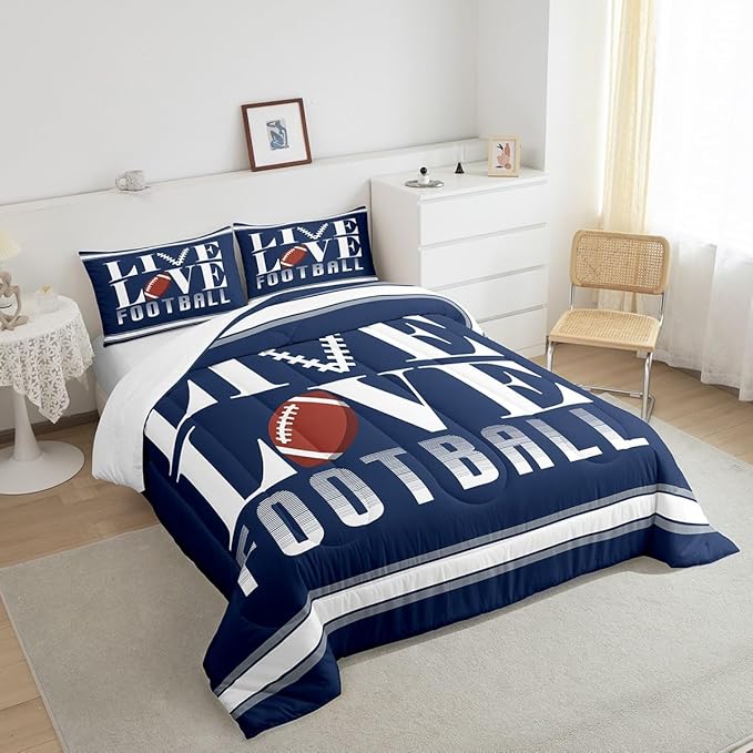 Feelyou Rugby Sports Bedding Set Queen Size Football Comforter Set for Kids Boys Girls Decor Soccer Ball Game Comforter Microfiber American Football Player Duvet Set Bedroom Quilt Set