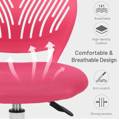 Desk Chair Armless Small Study Chairs Armless for Child Kids Teens, Ergonomic Swivel Rolling Lightweight Task Chair with Wheels and Mesh Padded Cushion, Pink