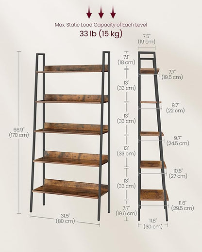 VASAGLE Bookshelf, 5-Tier Bookcase, Ladder Shelf for Home Office, Living Room, Bedroom, Kitchen, Rustic Brown and Ink Black ULLS129B01