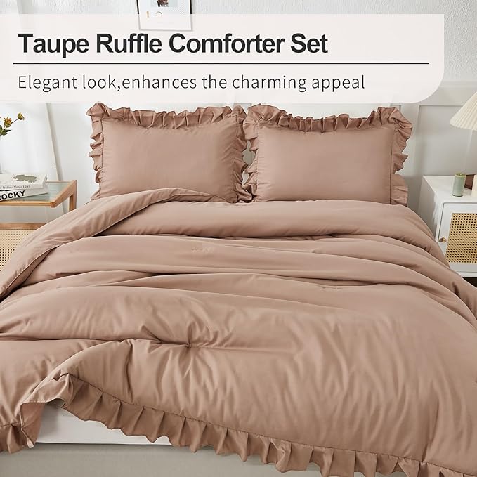 Andency Taupe King Comforter Set(104x90Inch), 3 Pieces(1 Ruffle Comforter and 2 Pillowcases) Lightweight and Fluffy Bedding Comforter Set, All Season Soft Microfiber Shabby Chic Bedding Set