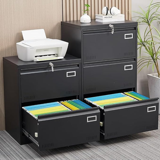 2 Drawer Lateral Lock and Card Holder, Multifunctional Metal Filing Cabinets w/Heavy 3 Section Slide Rail & Breathable Holes,for Legal/Letter/A4,Black