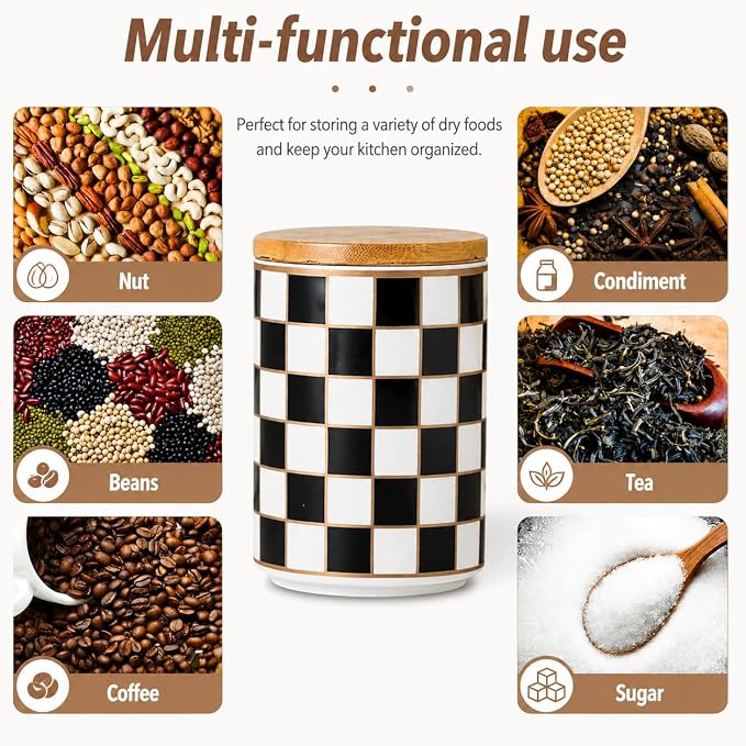 Kitchen Countertop Ceramic Checkered Canisters,Black And White Food Storage Containers With Lid,Airtight Kitchen Canisters for Flour, Sugar, Coffee, Tea, and Dry Goods (Black, Small)