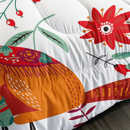 Cartoon Fox Comforter Set 3-Pieces Cute Fox Bedding Set Plants Leaves Printed Quilt Set for Kids Boys Girls with 2 Pillowcases Queen