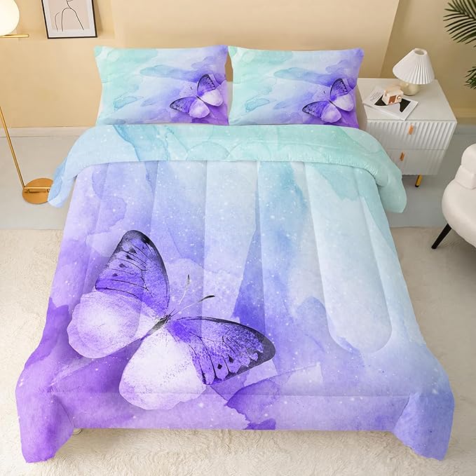 Butterfly Comforter Full Size,Watercolor Butterfly Kids Comforter Set,3Pcs Bedding Set Printed Comforter with 2 Pillowcases,Down Alternative,Soft and Lightweight,for All Seasons