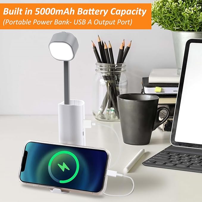 Small Desk Lamp, Mini Table Lamps for Home Office, Portable LED Flashlight/Book Light with USB Charging Port (5000MAH), Night Reading Light with Phone Holder/Eye Caring 3-Brightness Mode