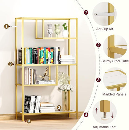 HOME BI Geometric Bookshelf, Tall Modern Etagere Bookcase, Industrial Metal Book Shelf with 5 Open Display Shelves for Office Living Room, Gold and White