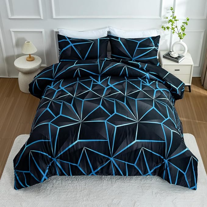 NTBED 3D Geometric Comforter Set for Boys Kids, Irregular Diamond Pattern Lightweight Microfiber Bedding Sets All Season (Blue, Twin)