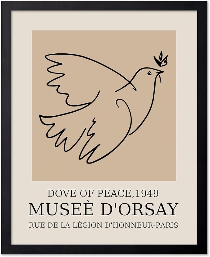 Poster Master Vintage Poster - Retro Minimalist Print - Gift for Artist, Friend - Dove Of Peace, Line Drawing, Sketch, Abstract - Wall Decor for Living Room, Bedroom, 8x10 Black Framed