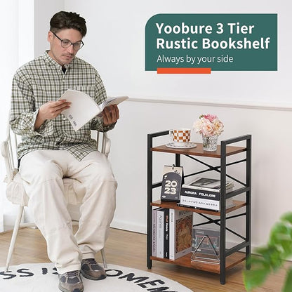 Yoobure Bookshelf Small Book Shelf, Solid Industrial 3 Tier Shelf Bookcase, Short Book Case for Bedroom, Living Room, Office Home, Small Spaces, Berry Brown