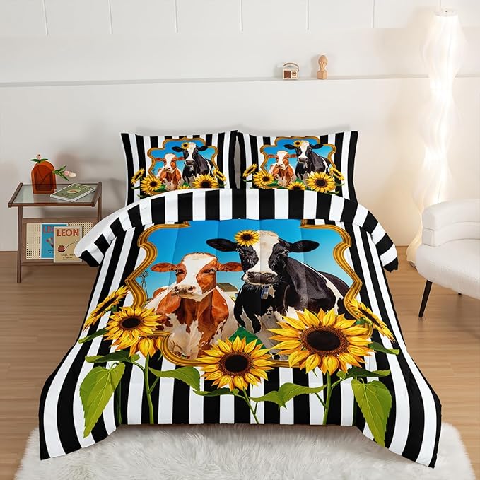 HOSIMA Animal Theme Bedding Set Bull and Cow Comforter with 2 Pillowcases,Black and White Stripes Twin Bed in a Bag Sets for Adults Teens Kids,Sunflower Print Western Bedding Sets.
