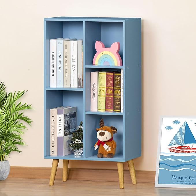 YAHARBO 5 Cube Bookshelf, Blue Kids Book Shelf with Cubby Storage,Wooden Modern Bookcase with Legs,3 Tier Freestanding Display Book Case,Children Toy Organizer,Bookshelves for Office,Nursery,Playroom