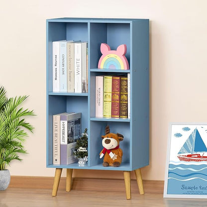 YAHARBO 5 Cube Bookshelf, Blue Kids Book Shelf with Cubby Storage,Wooden Modern Bookcase with Legs,3 Tier Freestanding Display Book Case,Children Toy Organizer,Bookshelves for Office,Nursery,Playroom