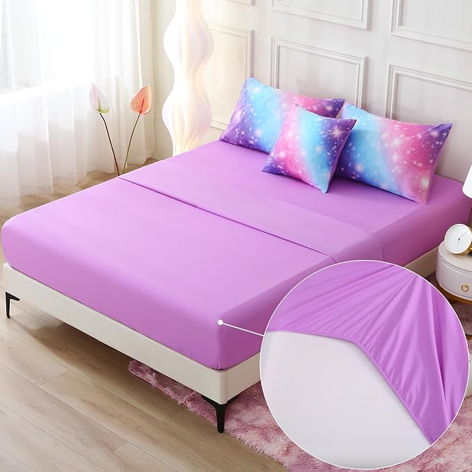 JQinHome Glitter Bedding Set Twin Size,6 Piece Bed in A Bag 3D Colorful Rainbow Galaxy Comforter Set for Girls Kids-All Season Microfiber Tie-Dye Bedding Sets(Blue Purple)