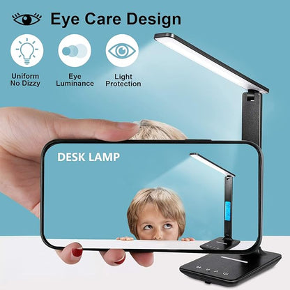 LAOPAO LED Desk Lamp with Wireless Charger, USB Charging Port, Adjustable & Foldable with Clock, Alarm, Date, Temperature, 5-Level Dimmable Lighting, for Office with Adapter