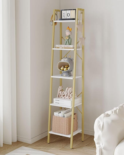 Ladder Shelf, Bookshelf Bookcase, Freestanding Corner Storage Shelve with 2 Hooks for Home Office, Living Room, Kitchen, Bedroom, Industrial, 5-Tier White Gold BC03213G