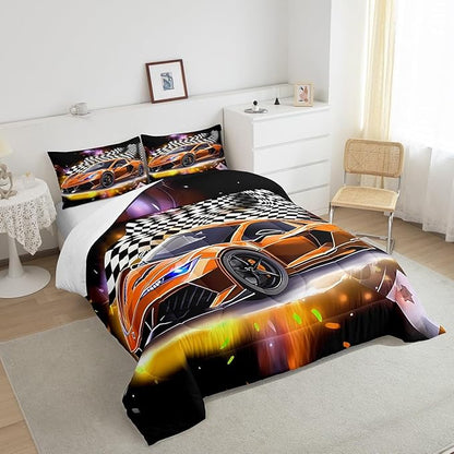 Feelyou Sports Car Comforter Set Queen, Orange Racing Car Bedding Set 3pcs for Kids Boys Teens Bedroom Cool Speed Luxury Car Decor, Black White Plaid Grid Print Quilt Set with 2 Pillowcases