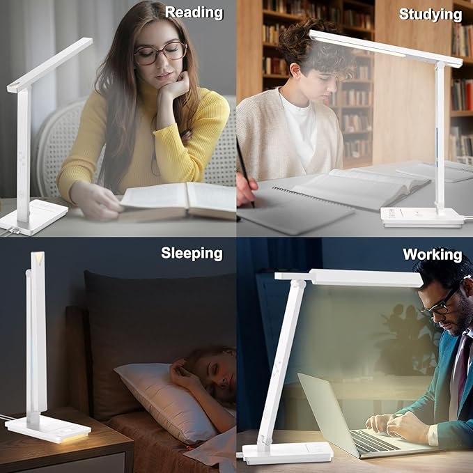 10 in 1 Smart Led Desk Lamp, Desk Table Lamp for Home Office, Eye-Caring Office Lamp with Night Lights, Lamp for Desk with 10W Wireless Charger, Dimmable Touch Lamp for Bedroom Reading Study Work