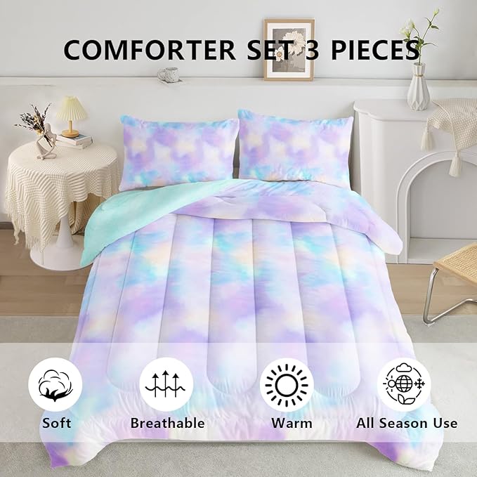 Axolotl Tie Dye Bedding Set Twin,Pink Blue Purple Comforter Set,Boho Psychedelic Bedding Colorful Tie Dye Pastel Comforter Set,Rainbow Bedding Set for Kids Girls Teens Women,1 Quilt 2 Pillowcases